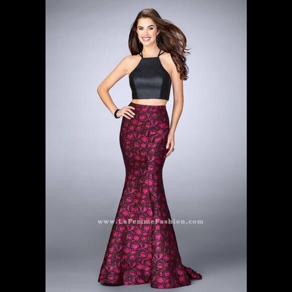 NWT La Femme 23864 two piece mermaid dress - vegan leather top & strappy back - Picture 1 of 13